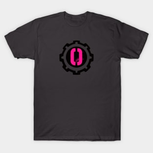 Pink Letter O in a Black Industrial Cog T-Shirt